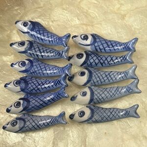 Hand painted vintage porcelain Fish Chopstick Holders - Blue and White